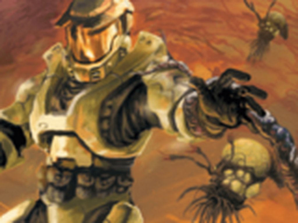 Halo: Combat Evolved on Xbox: detail of the title artwork, the Master Chief in MJOLNIR armour