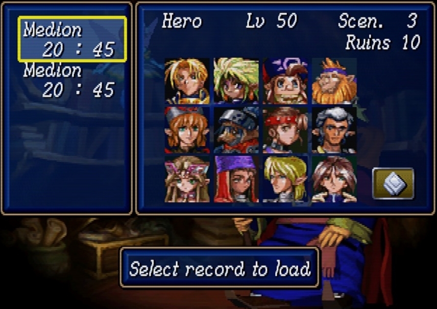 Shining Force III running in an emulator, showing the scenario 3 save file screen for Medion's party with visible CRT scanlines