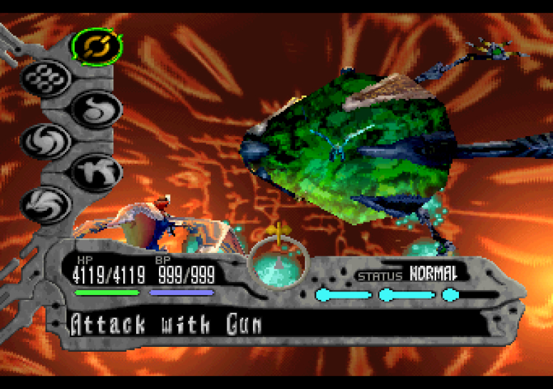 Panzer Dragoon Saga gameplay screenshot, a boss battle against the Sestren showing the game's distinctive battle interface