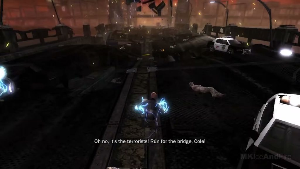 inFamous on PS3: Cole on the bridge during the blackout, electricity crackling at his hands