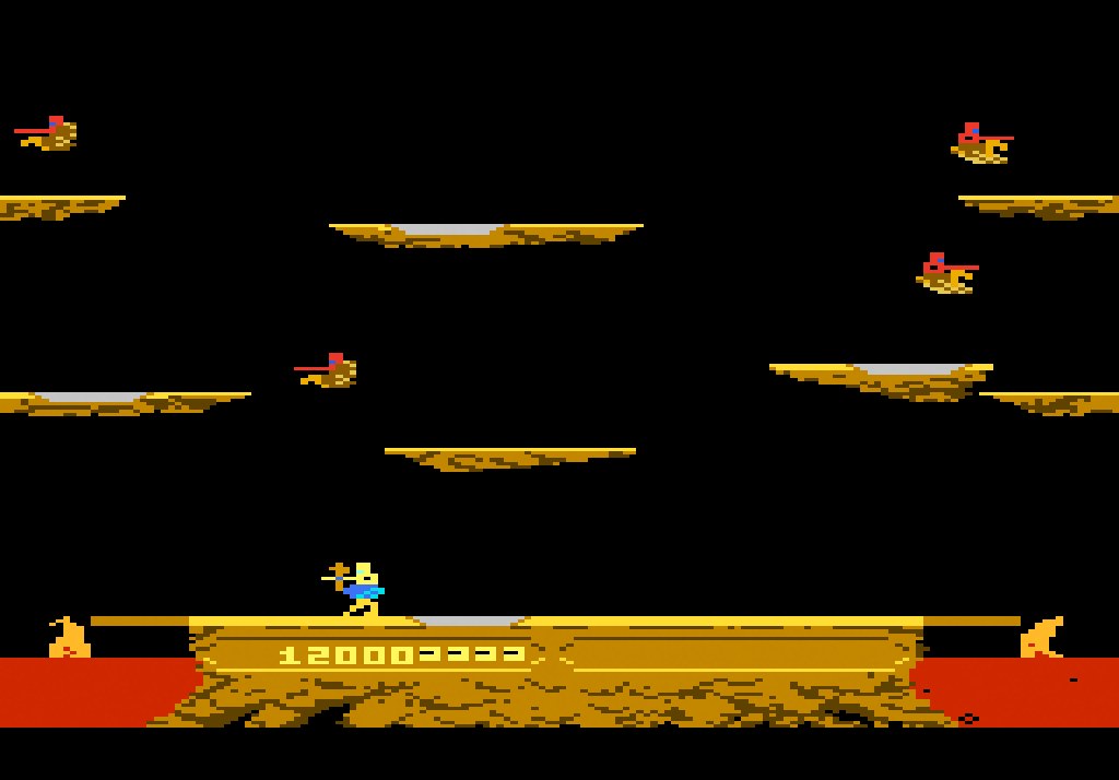 Joust in play on the Atari 7800: riders over the ledges, scores riding on the central platform
