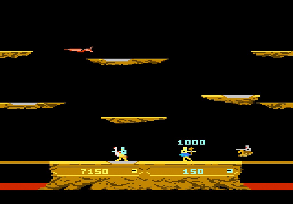 A high-scoring Joust moment on the Atari 7800: an enemy unhorsed, egg bonus points on the platform readout