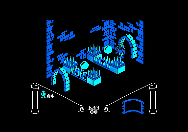 Knight Lore gameplay on the ZX Spectrum showing Sabreman in an isometric stone chamber