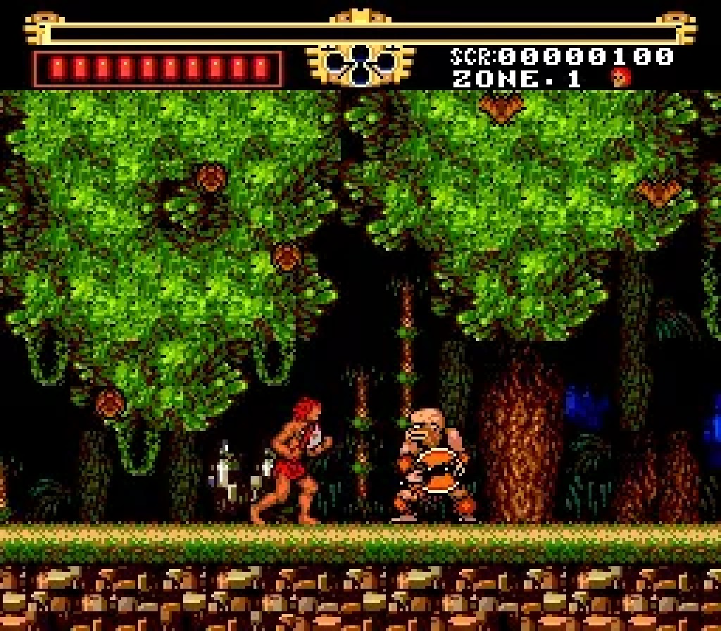Gogan crossing the jungle of Zone 1 in The Legendary Axe on TurboGrafx-16