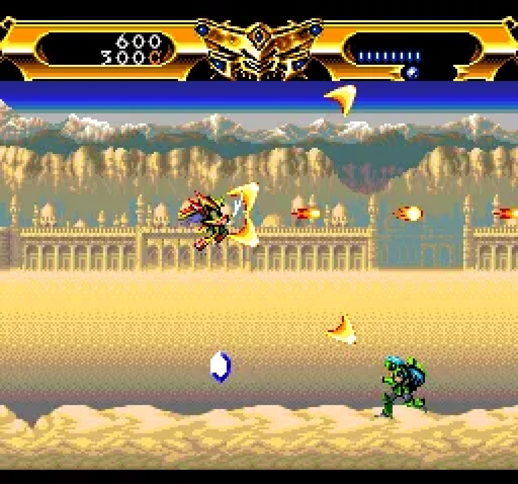 Lords of Thunder's desert stage, Landis in flight above the sands