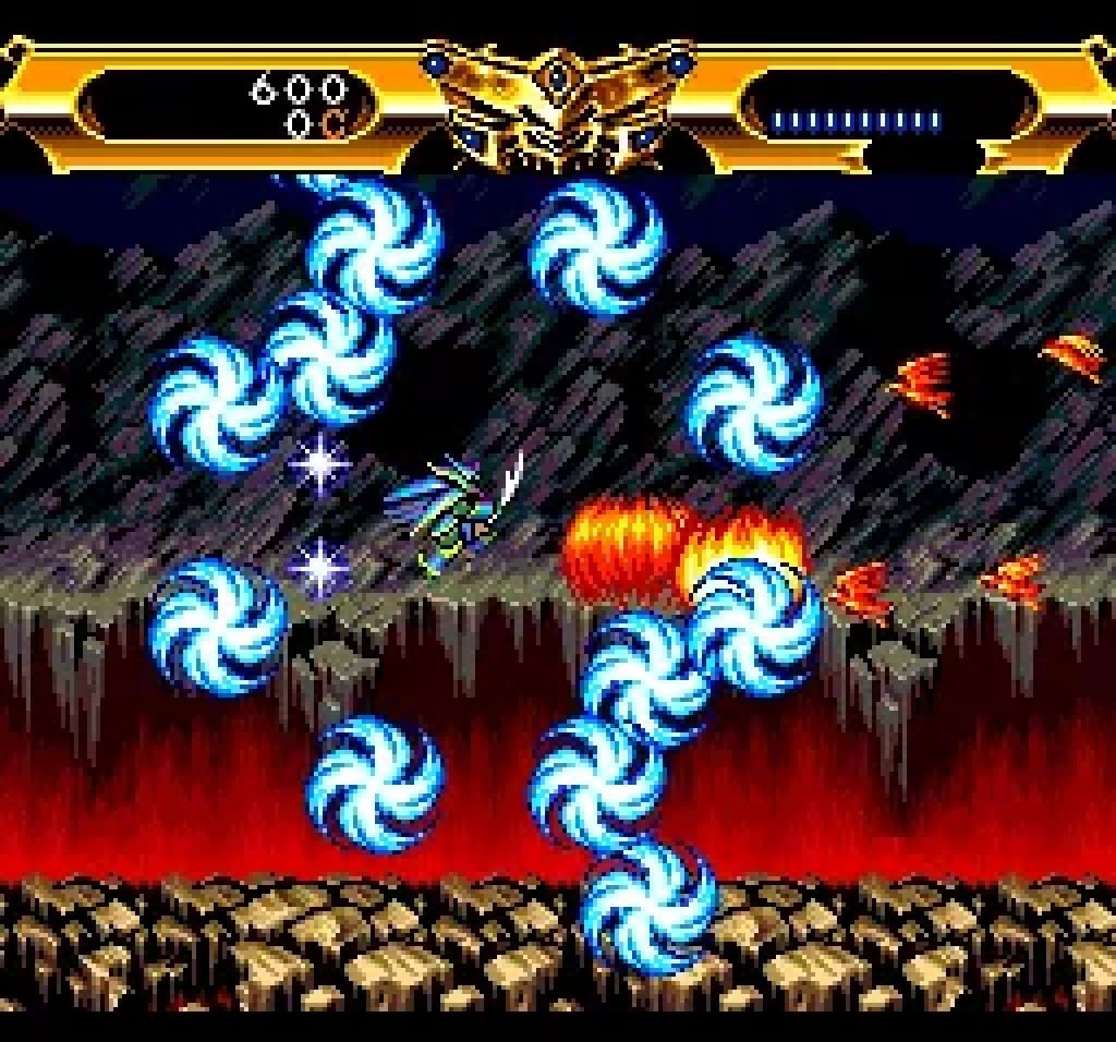 Landis battling through a cavern stage in Lords of Thunder, whirlwind attacks filling the screen