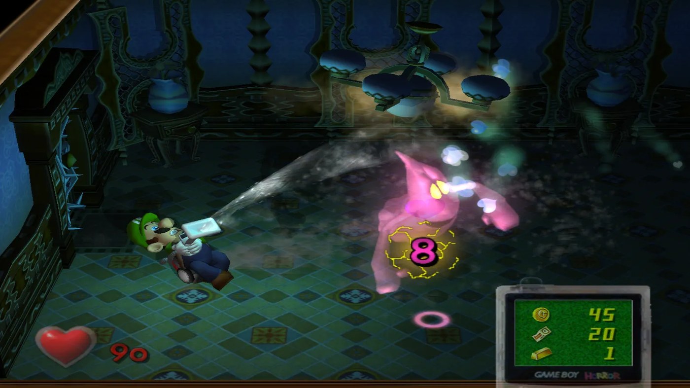 Luigi vacuuming a ghost with the Poltergust 3000 in Luigi's Mansion on GameCube
