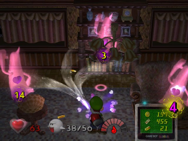Luigi exploring a candlelit room of the mansion with his torch in Luigi's Mansion on GameCube