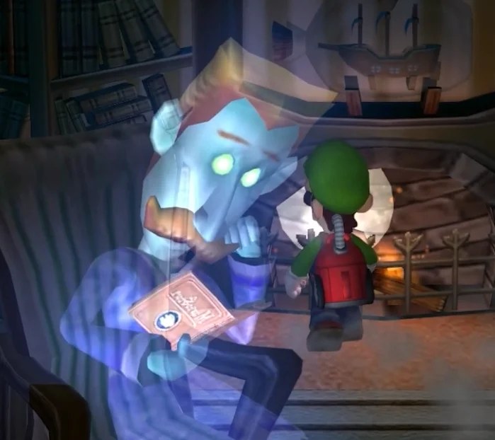 Luigi facing a portrait ghost in Luigi's Mansion on GameCube