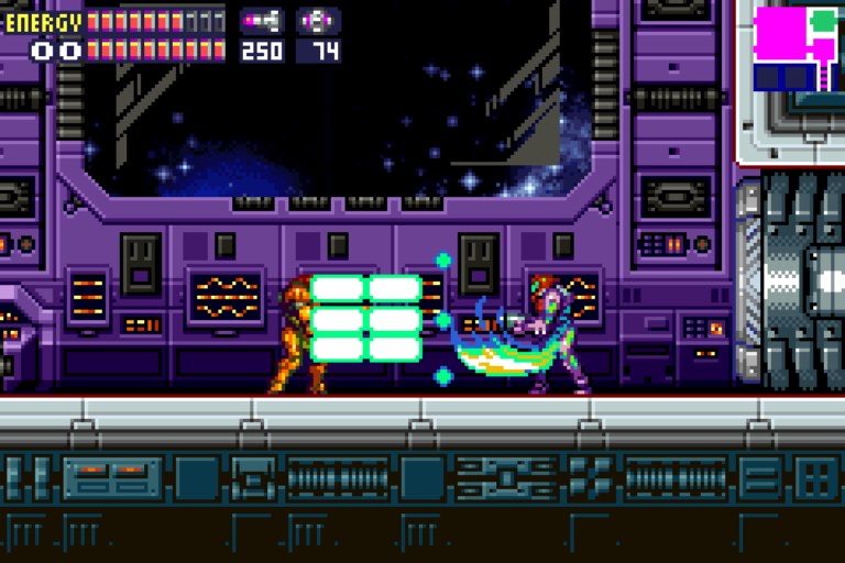 Samus in combat against station creatures in Metroid Fusion on GBA