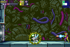 Metroid Fusion on Game Boy Advance — Samus in her Fusion suit fighting a boss in a machinery-filled room