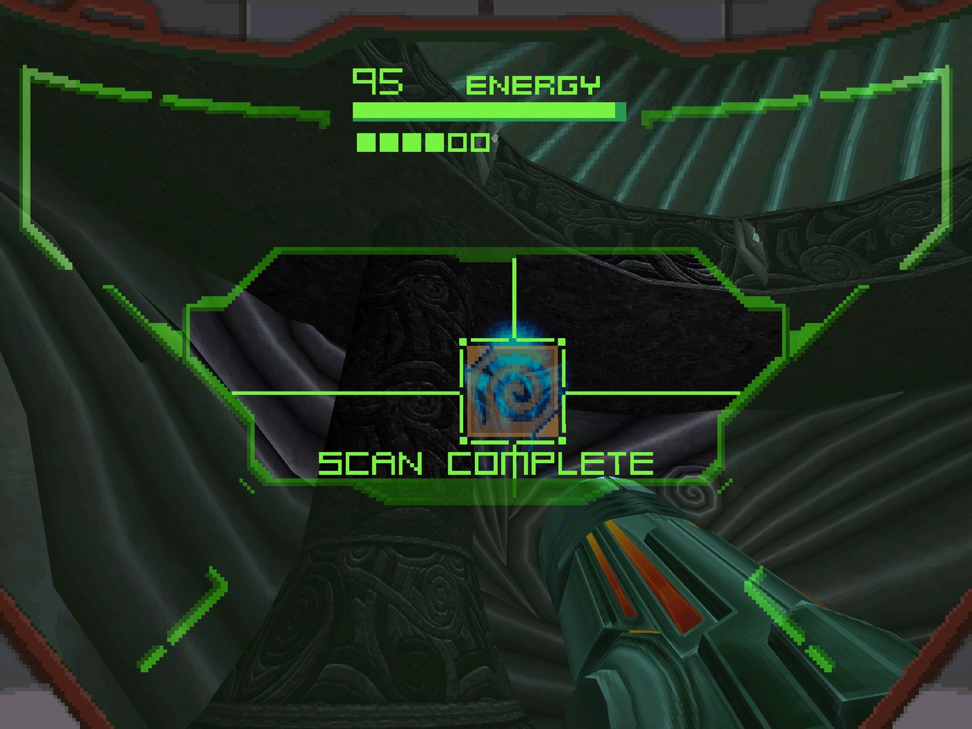 Samus Aran exploring Tallon IV through her visor in Metroid Prime on GameCube