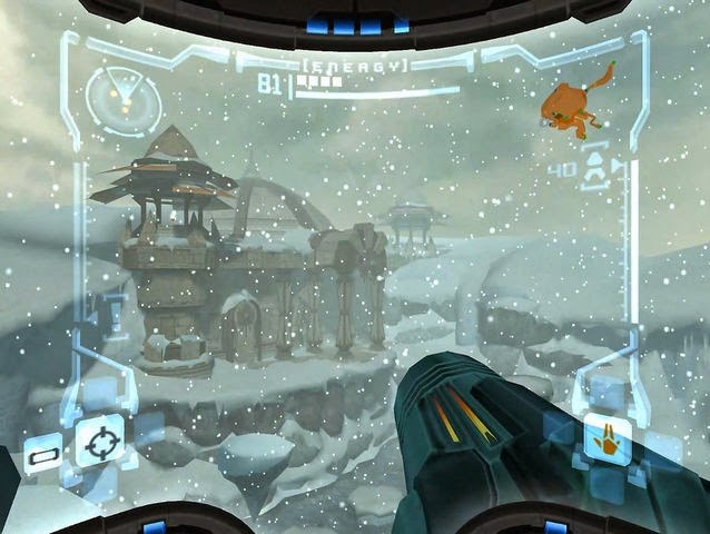 The snowy Phendrana Drifts in Metroid Prime on GameCube, one of the game's most famous environments