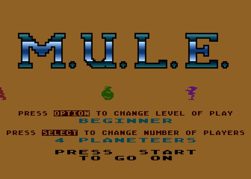 M.U.L.E. on Atari 400/800: the title screen, with the Option and Select settings for level of play and number of planeteers