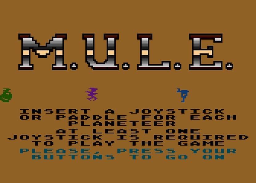 M.U.L.E. on Atari 400/800: the player-join screen, asking every planeteer to press their joystick button — the four-player gate that made it a party game