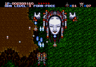 M.U.S.H.A. gameplay screenshot showing the MUSHA Aleste mech in vertical shooter action