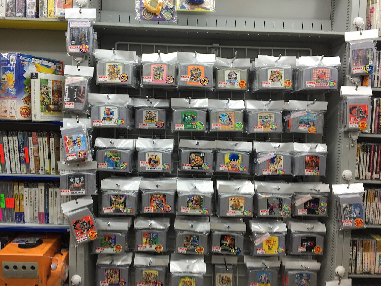 A collection of Nintendo 64 game cartridges.