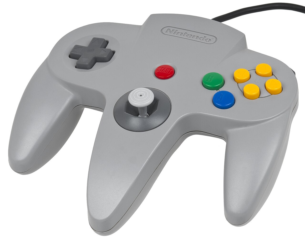 The classic gray Nintendo 64 controller.