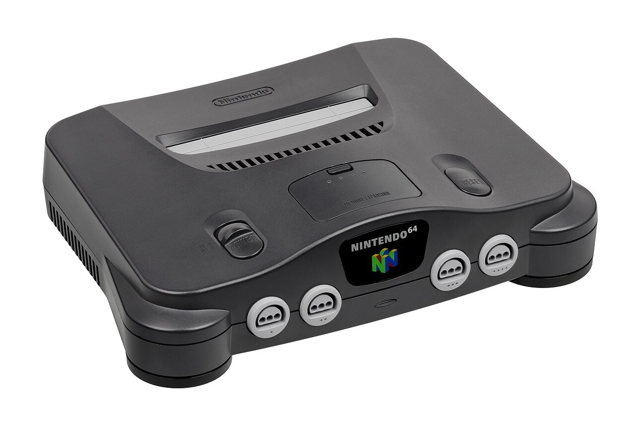 Close-up of the Nintendo 64 logo jewel on the front of the console.