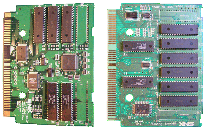 Inside a Neo Geo MVS cartridge — two green circuit boards covered in ROM chips