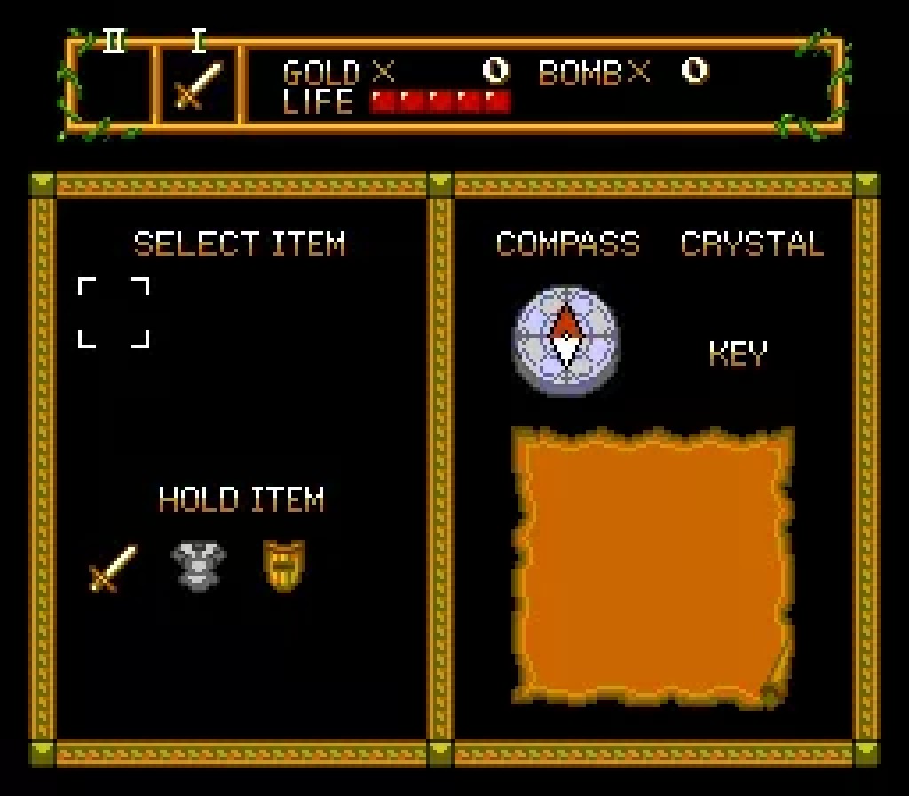 Neutopia's inventory screen showing the compass, crystal and Jazeta's equipment