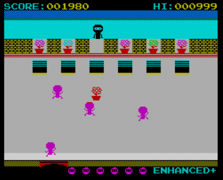 Enhanced+ mode: six windows, a ledge of ammunition in pots, and the magenta clan already halfway up the wall.