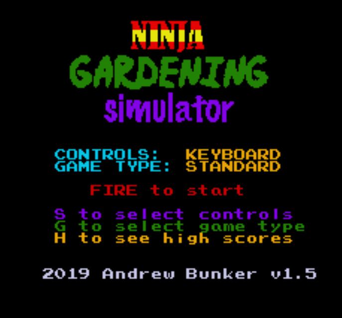 The menu screen: three ways to defend the garden, and a high-score table to defend afterwards. ©2019 Andrew Bunker, v1.5.