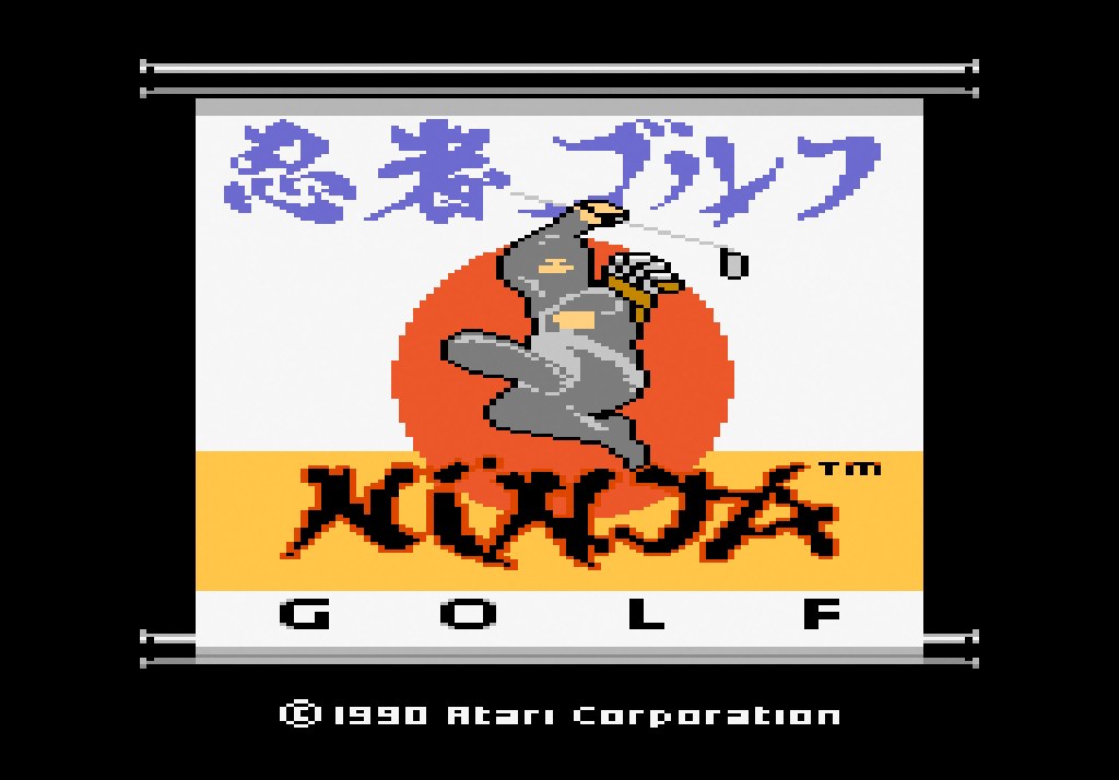 Ninja Golf title screen on the Atari 7800: the ninja with golf club under the kanji scroll, Copyright 1990 Atari Corporation