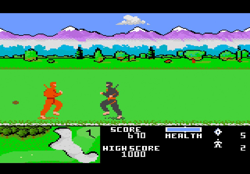 Fairway combat in Ninja Golf on the Atari 7800: the black-clad ninja meeting a red rival mid-hole