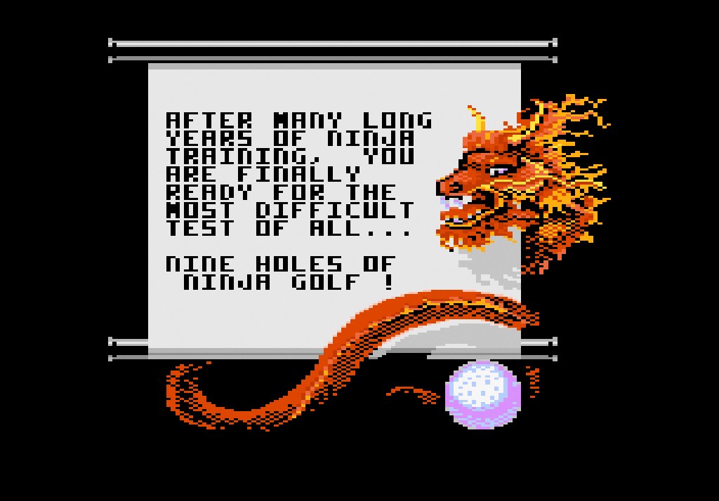 The story scroll in Ninja Golf on the Atari 7800: the dragon introducing the nine holes of Ninja Golf