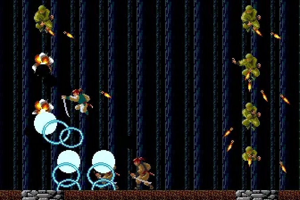 Ninja Spirit's famous falling stage, Tsukikage descending past enemy ninjas with shadow clones