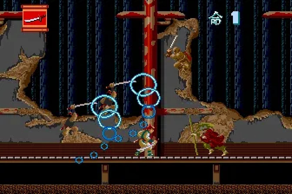 Tsukikage swinging the kusarigama chain weapon in Ninja Spirit on TurboGrafx-16