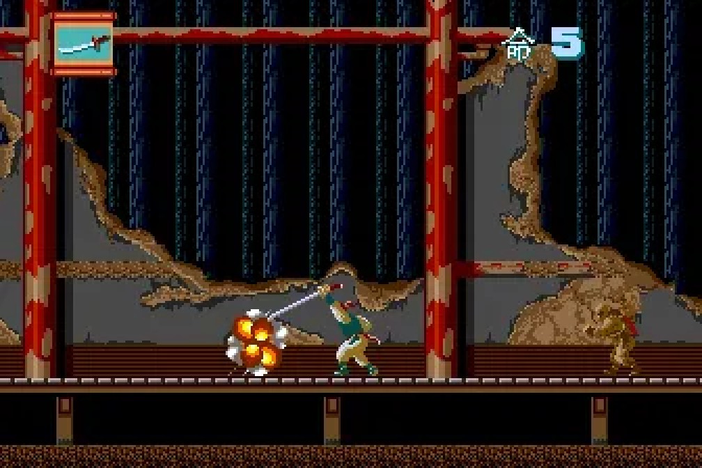 Ninja Spirit temple stage, Tsukikage duelling with a fire-breathing enemy