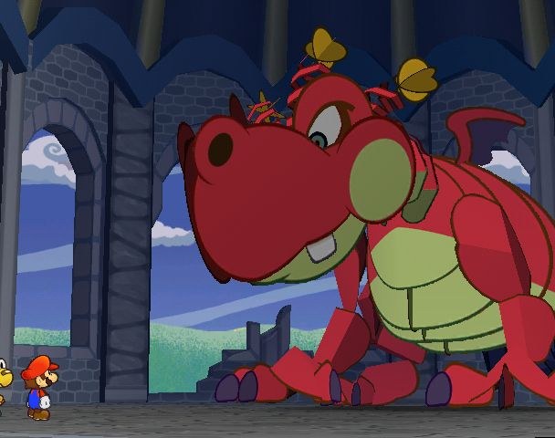 Mario facing the dragon Hooktail in her castle in Paper Mario: The Thousand-Year Door