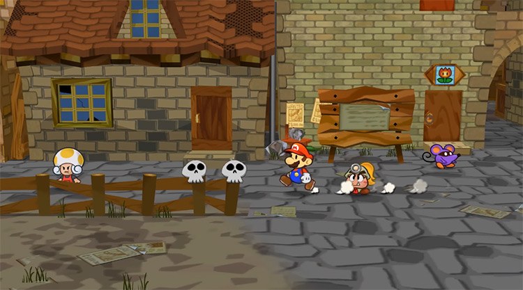 Mario using a paper ability to cross a gap in Paper Mario: The Thousand-Year Door on GameCube