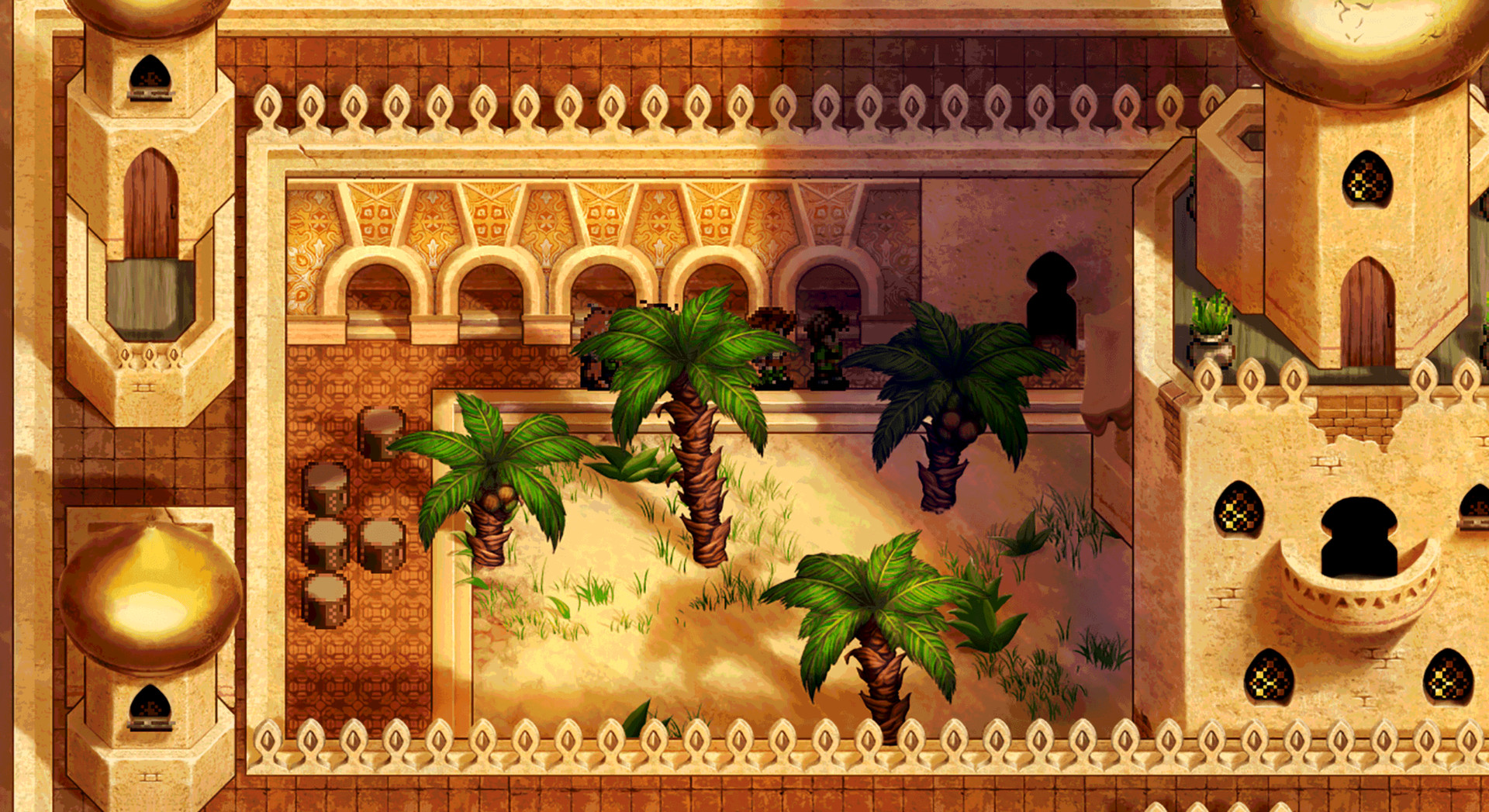 Pier Solar HD — a sun-baked desert palace courtyard with palm trees