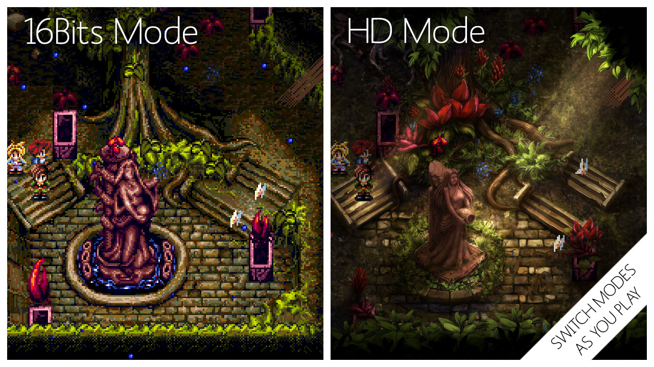 Pier Solar HD — WaterMelon's official comparison of 16-bit mode and HD mode in a forest shrine