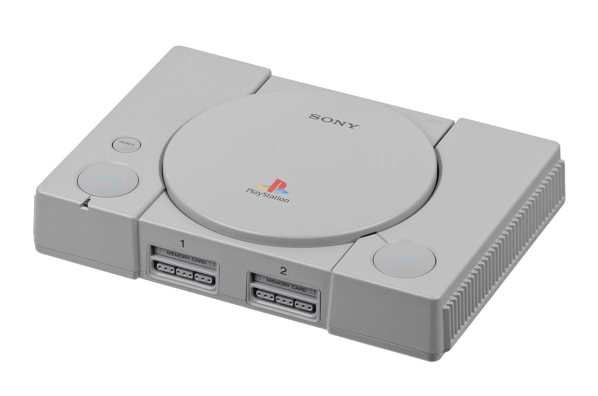 An original Sony PlayStation console (SCPH-5501) with its controller on a white background