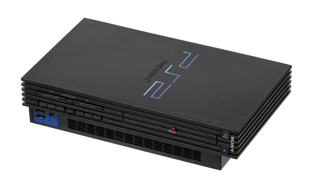 PlayStation 2 console, front three-quarter view