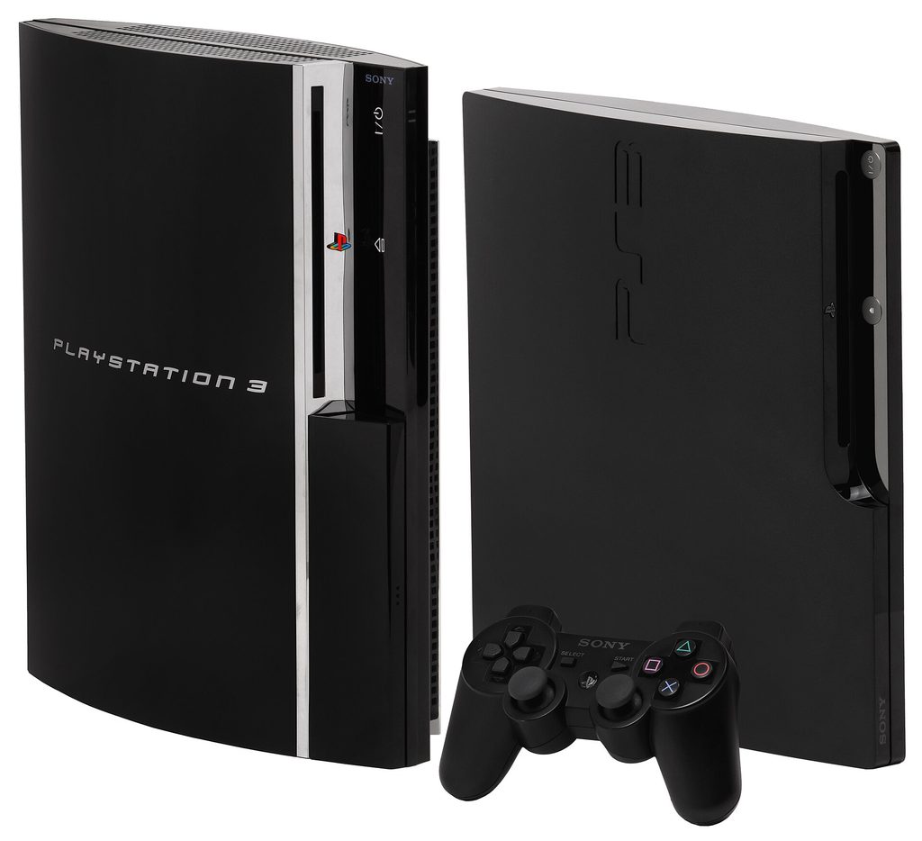 The original PlayStation 3 and the Slim model with a DualShock 3 controller, Wikimedia Commons photo by Evan-Amos