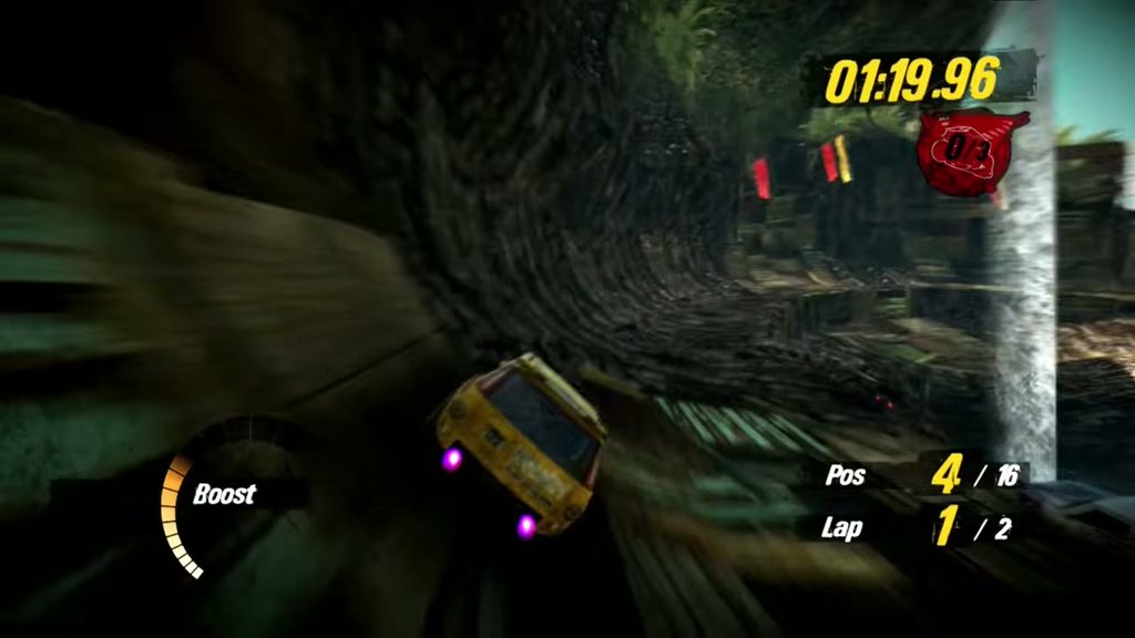 MotorStorm Pacific Rift on PS3: racing through a jungle tunnel, boost gauge lit