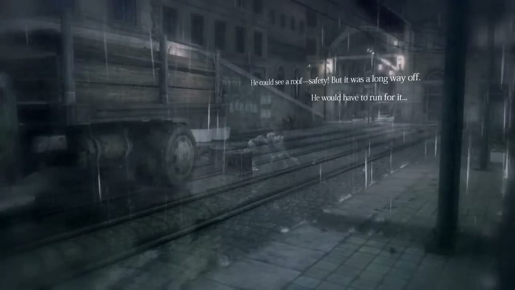 Rain on PS3: a flooded street in the rain, storybook narration on screen