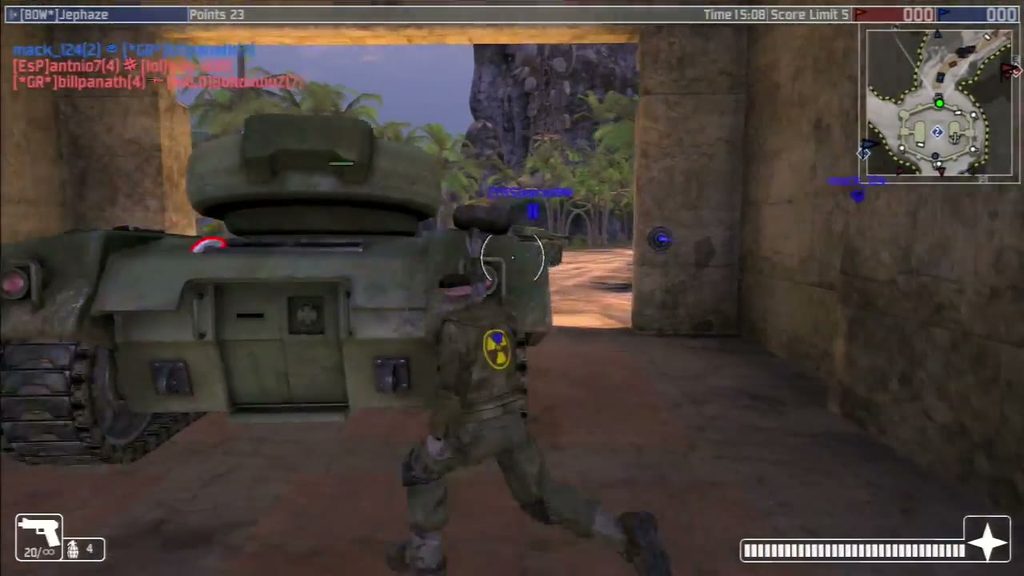 Warhawk on PS3: ground troops beside a tank, minimap on the HUD