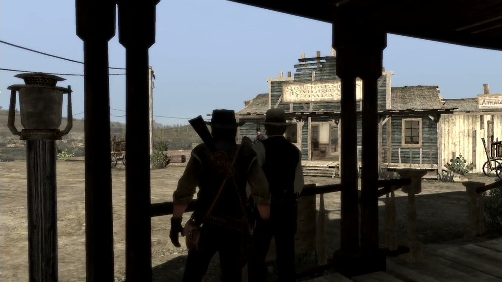 Red Dead Redemption gunfight on Xbox 360, stepping off a porch in Armadillo into the midday glare
