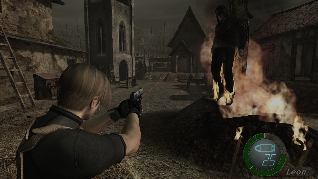 Leon S. Kennedy fighting Ganados in the village in the GameCube version of Resident Evil 4