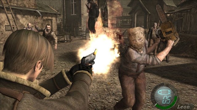 Leon facing the chainsaw-wielding Dr. Salvador and the Ganados in the village fight in Resident Evil 4 on GameCube