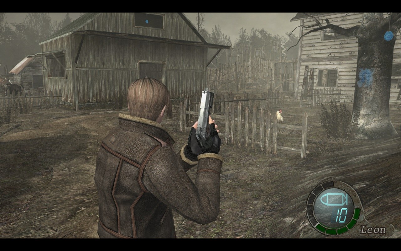 Leon aiming with the laser sight in Resident Evil 4 on GameCube, the viewpoint that redefined third-person action games