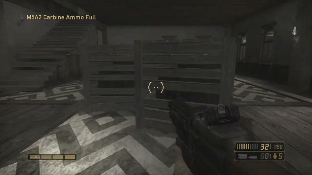 First-person combat inside a converted building in Resistance Fall of Man on PS3, M5A2 Carbine in hand