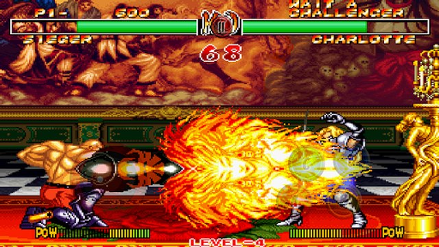Samurai Shodown II gameplay with two swordsmen facing off on a Neo Geo stage