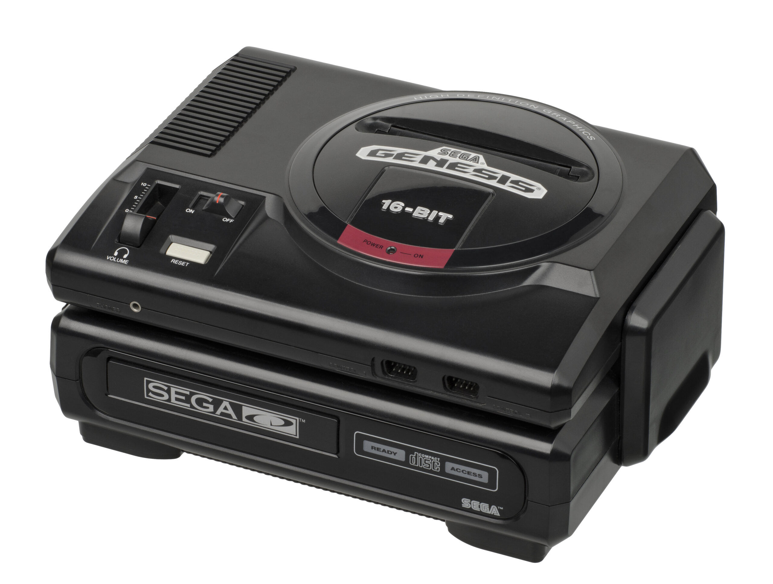 Sega CD add-on attached to a Genesis console